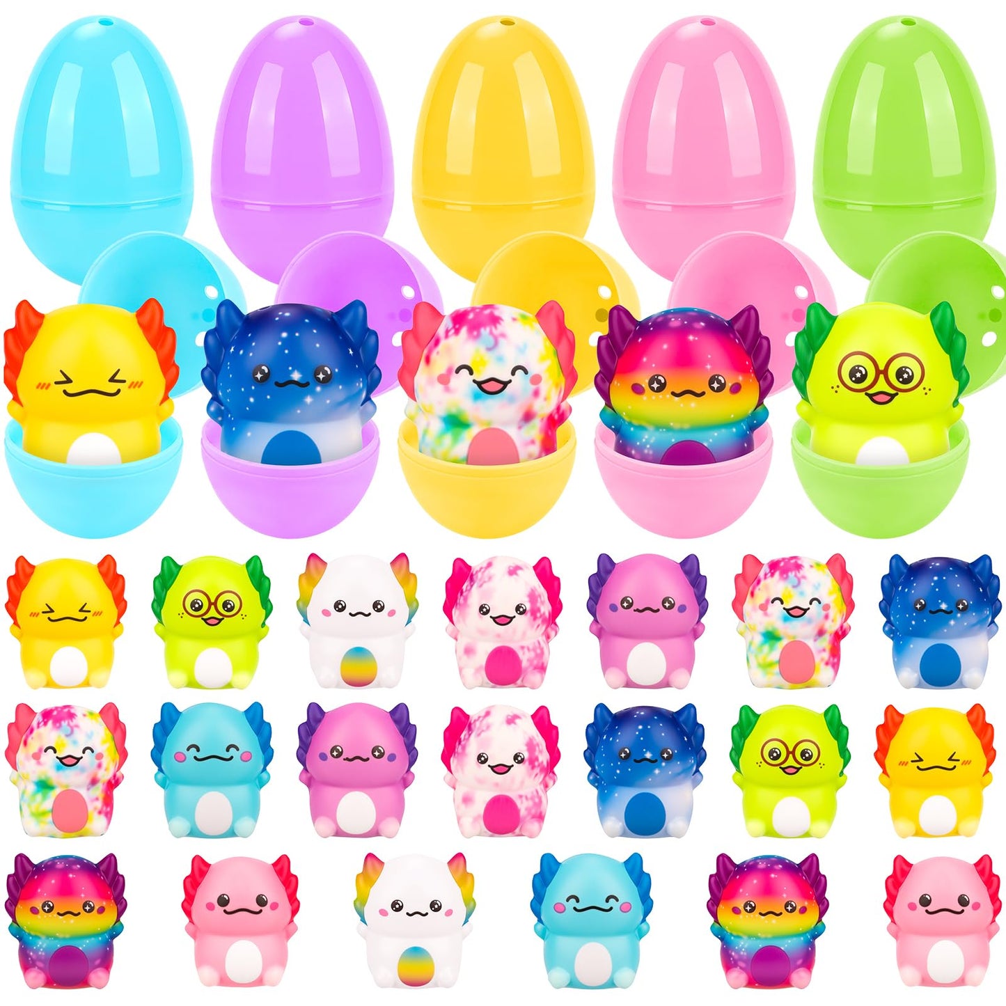 PAKSPAK 20 Pack Easter Eggs Fillers with Axolotl Squishy Toys Inside Easter Basket Stuffers Easter Egg Hunt Easter Party Favors for Kids