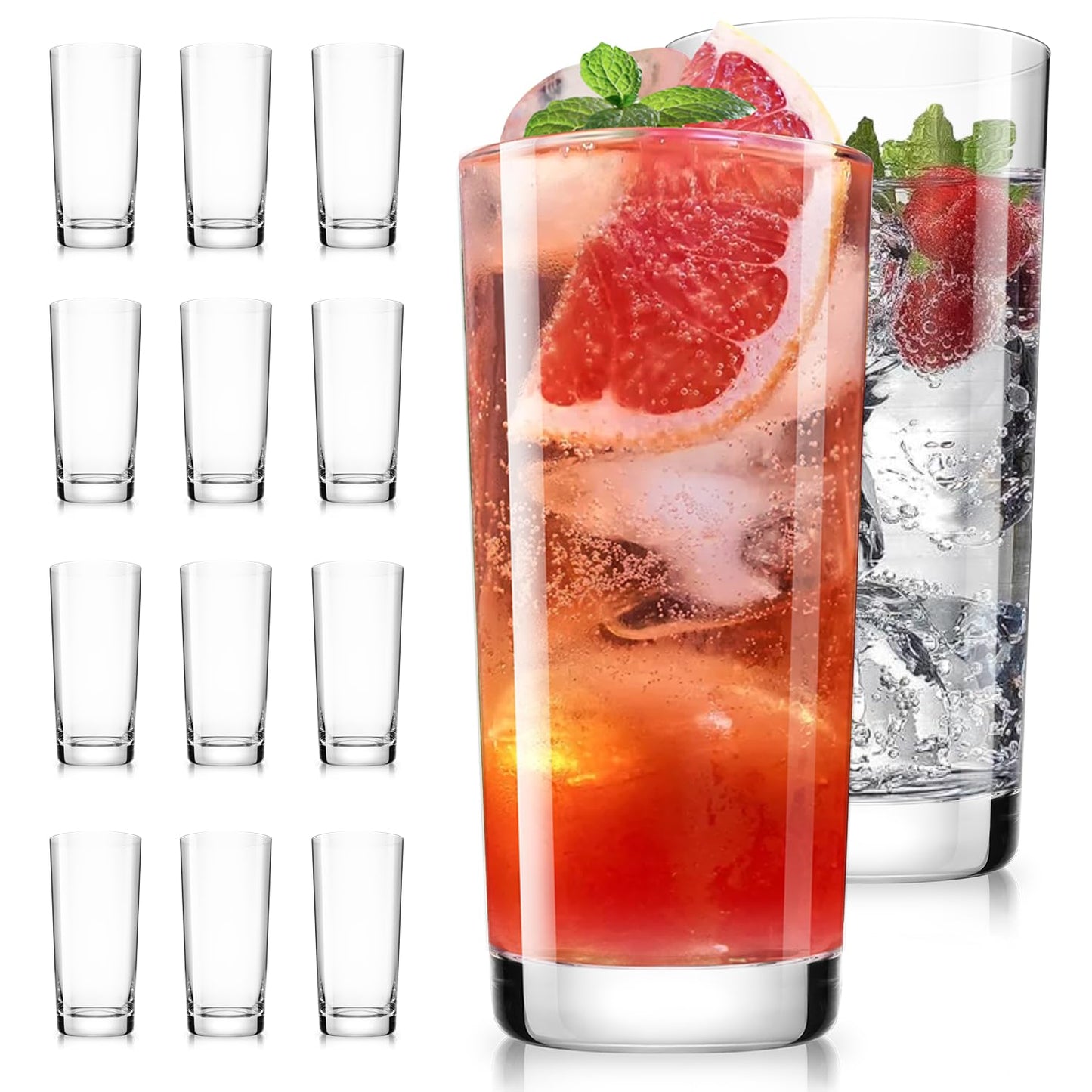 LUNA & MANTHA Drinking Water Glasses Set, Lead-Free Crystal Highball Glass, Tall Glass Cups for Cocktail Parties,Clear set of 12,16oz
