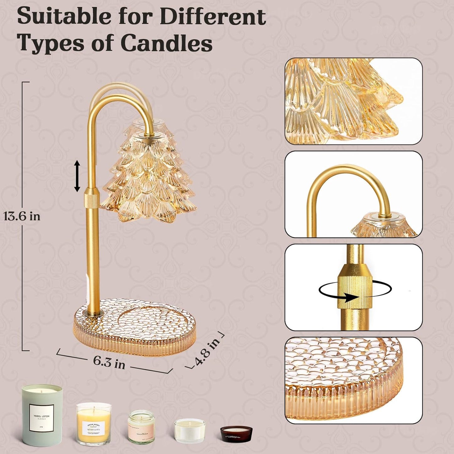 Priddop Candle Warmer Lamp - Dimmable Wax Melt Warmer with Adjustable Height & Timer | Amber Glass Base