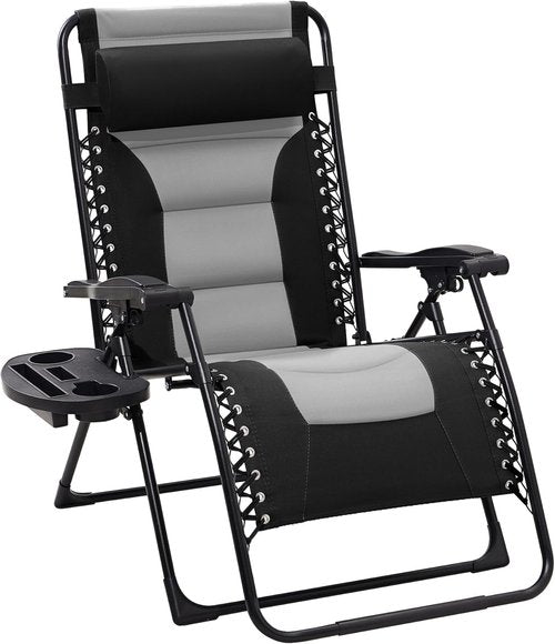 JEAREY Oversized Padded Zero Gravity Chair - Comfortable Folding Lounge Chair with Headrest, Cup Holder & Side Tray | Black/Gray