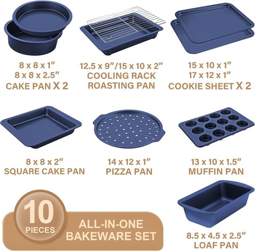 HONGBAKE Nonstick Bakeware Set - 10-Piece Kitchen Baking Pans with Wider Grips | Includes Rack, Cookie Sheet, Cake Pans, Muffin Pan, Pizza Pan - Blue