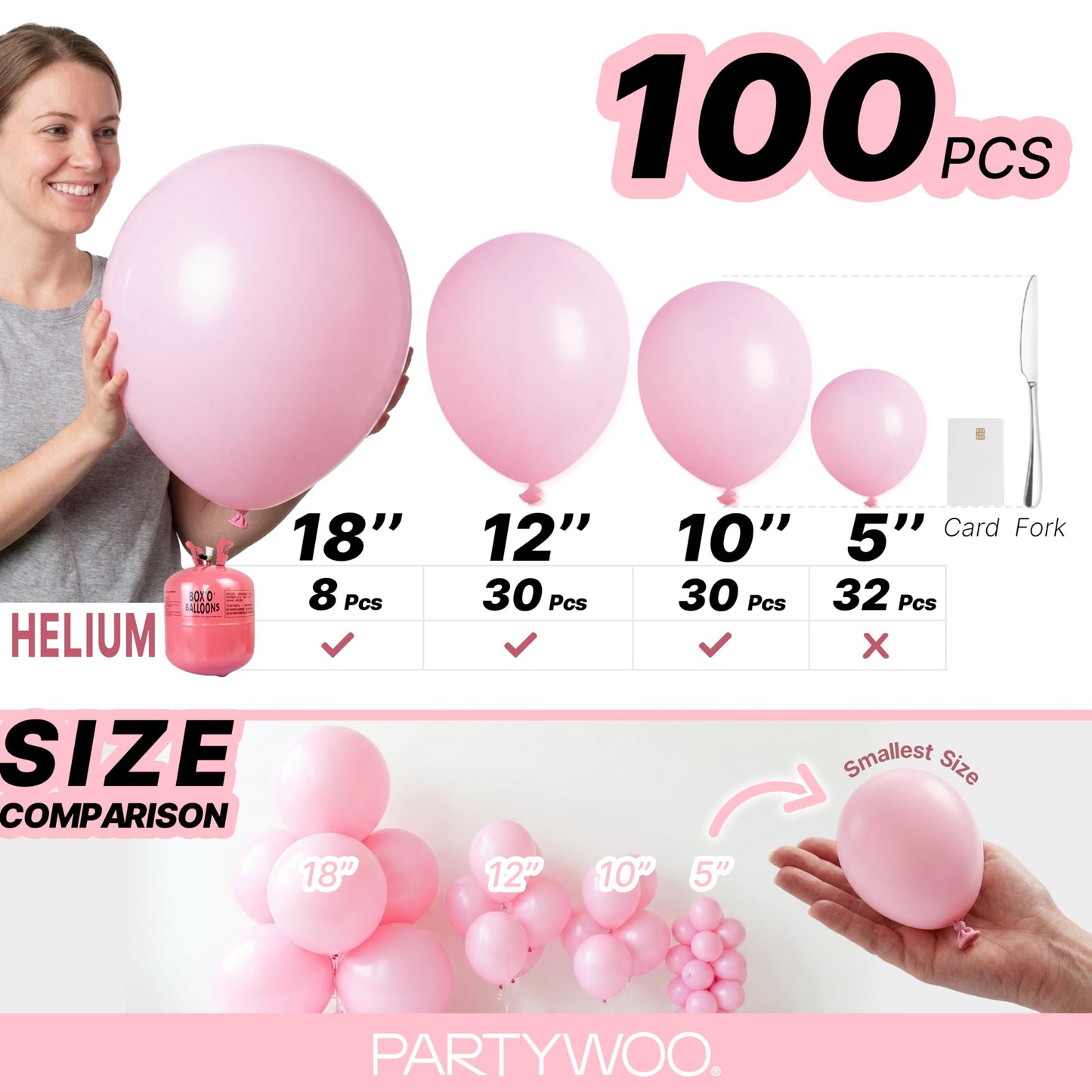 PartyWoo Baby Pink Balloons 100 pcs Different Sizes of 18 12 10 5 Inch Pastel Pale Light Pink Balloons Arch Kit Garland for Baby Shower Gender Reveal Birthday Princess Party Decorations Pink-Q05