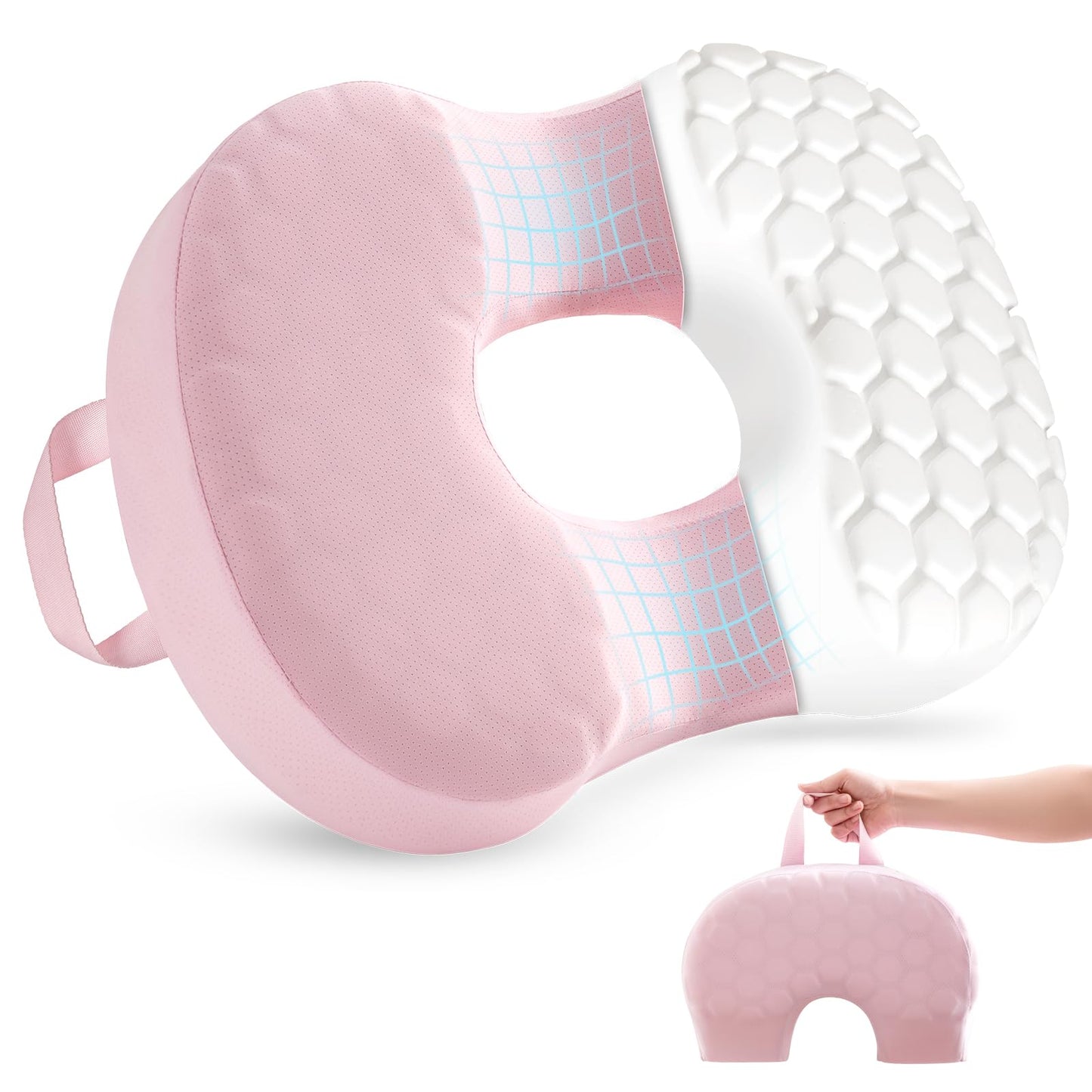 Sino Salected Portable Donut Pillow, Doughnut Pillow for Tailbone Pain, Non-Slip Removable Cover, Hemorrhoid Cushion for Postpartum ＆ Sciatica, Memory Foam Seat Cushion, Pink