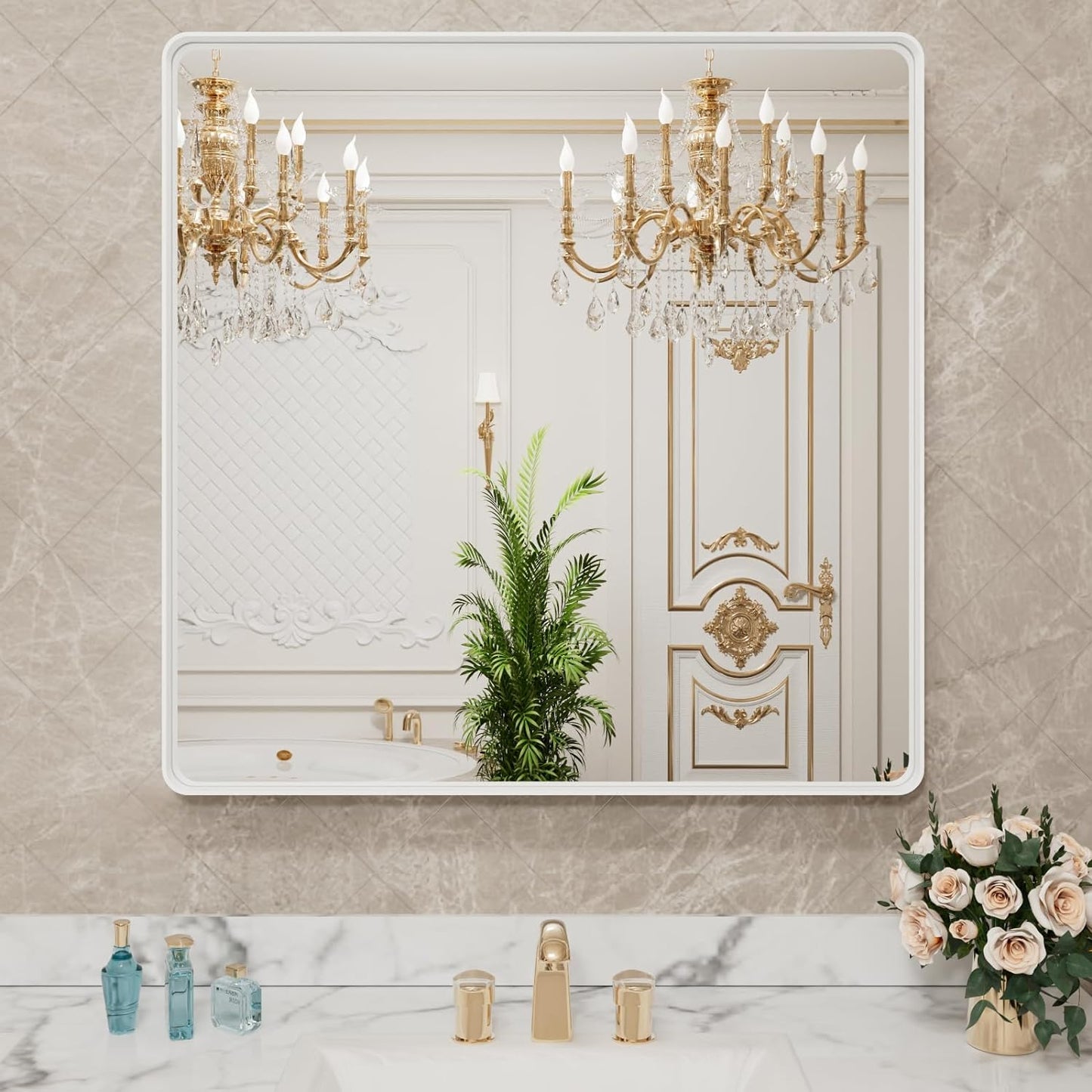 LOAAO Bathroom Mirror - 38x38 Inch White Metal Framed Vanity Mirror | Large Rounded Rectangle, Anti-Rust, Tempered Glass