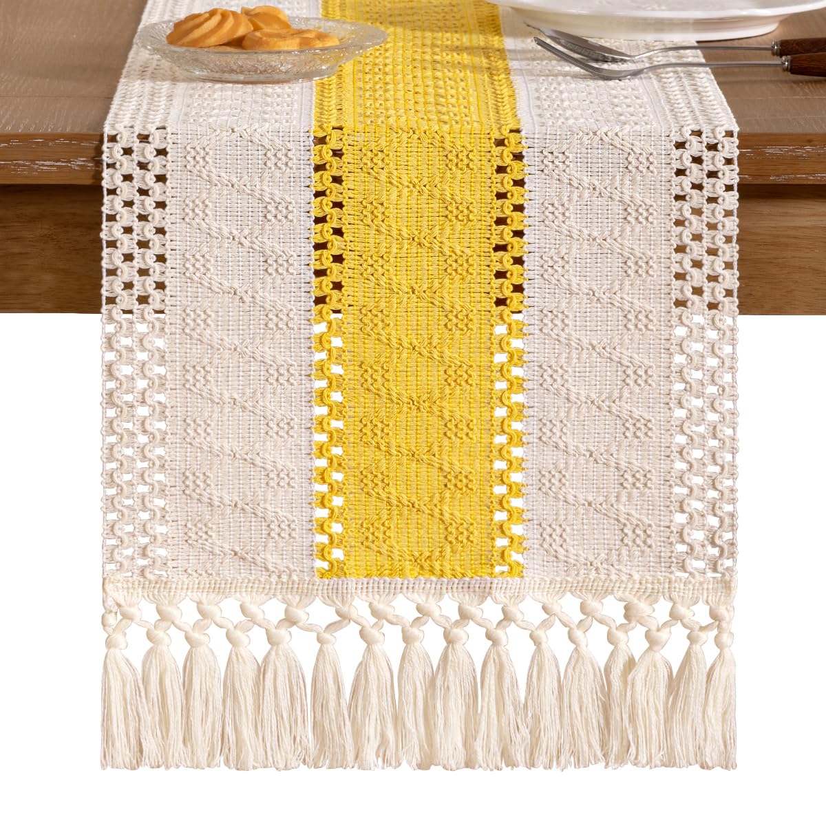 Socomi Boho Table Runner Macrame Summer Farmhouse Woven Cotton Linen Rustic Coffee Table Runner with Tassels for Dresser Scarf Home Decor Dining Room 12x90 inYellow Gold Ivory