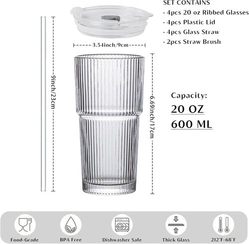 INSETLAN 20 oz Ribbed Glass Tumblers - 4-Piece Set with Lids & Straws | Durable Drinkware for Iced Coffee & Cocktails