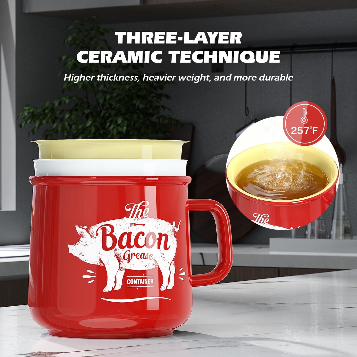 PGYARD Ceramic Bacon Grease Saver With Strainer - 23OZ Bacon Grease Container Farmhouse Keeper For Kitchen Fat Storage-Red