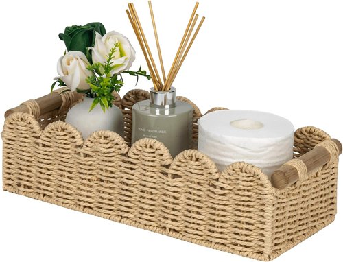 CubesLand Scalloped Edge Toilet Paper Storage Basket - Cozy Beige Decor with 2 Wooden Handles