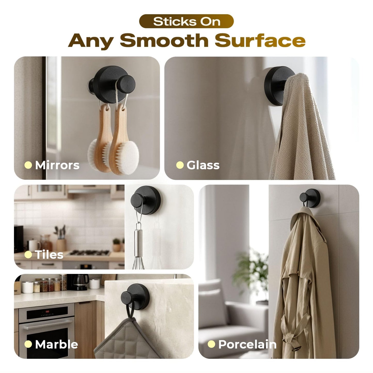 Upgraded Suction Cup Hooks for Shower, Heavy Duty Removable Towel Hooks for Bathroom Glass Door Wall, Stainless Steel Shower Hooks for Towel & Loofah (4 Pack, Black)