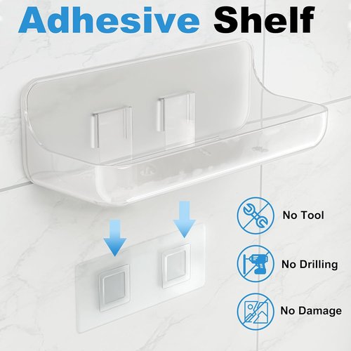 Adhesive Shower Caddy - 2 Pack Acrylic Bathroom Shelves | No Drill Wall Mount Organizer
