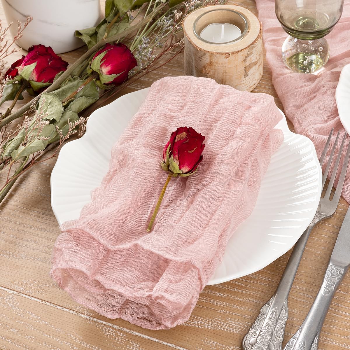 Socomi Pink Cheesecloth Napkins - Set of 10 Washable Boho Dinner Table Decor for Weddings & Parties