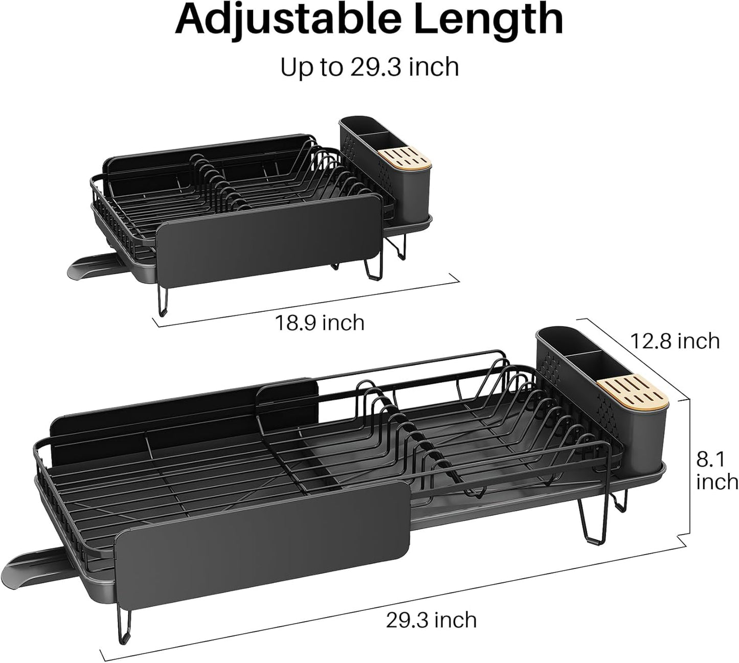 SNTD Dish Drying Rack - Expandable Stainless Steel Dish Drainer with Cutlery Holder | Large Black Design