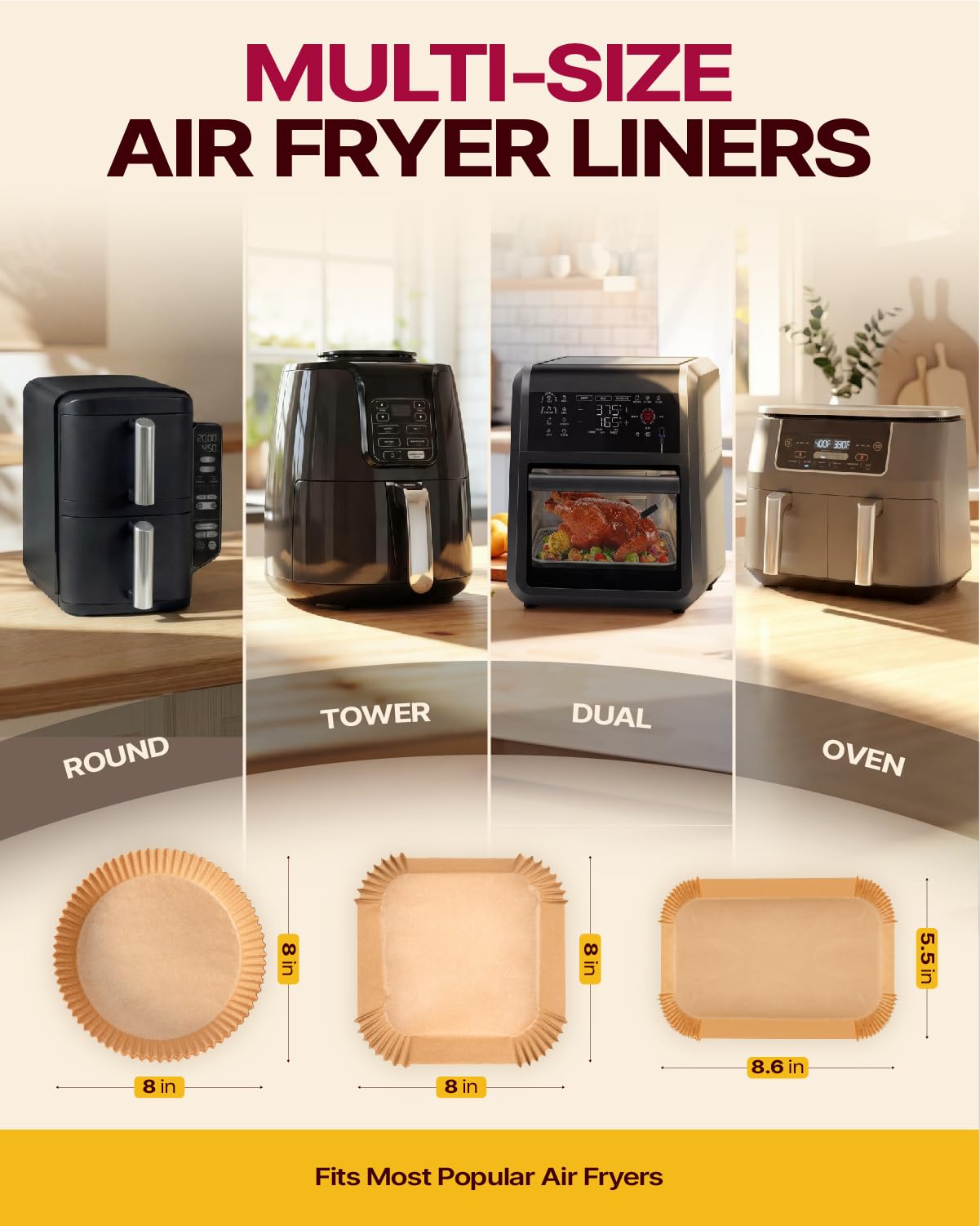 Katbite Air Fryer Liners Disposable - 8.6x5.5'' 130PCS Rectangle Paper Liners, Thick Airfryer Parchment Paper Liners for Dual Air Fryer, DZ201, DZ401, FG551