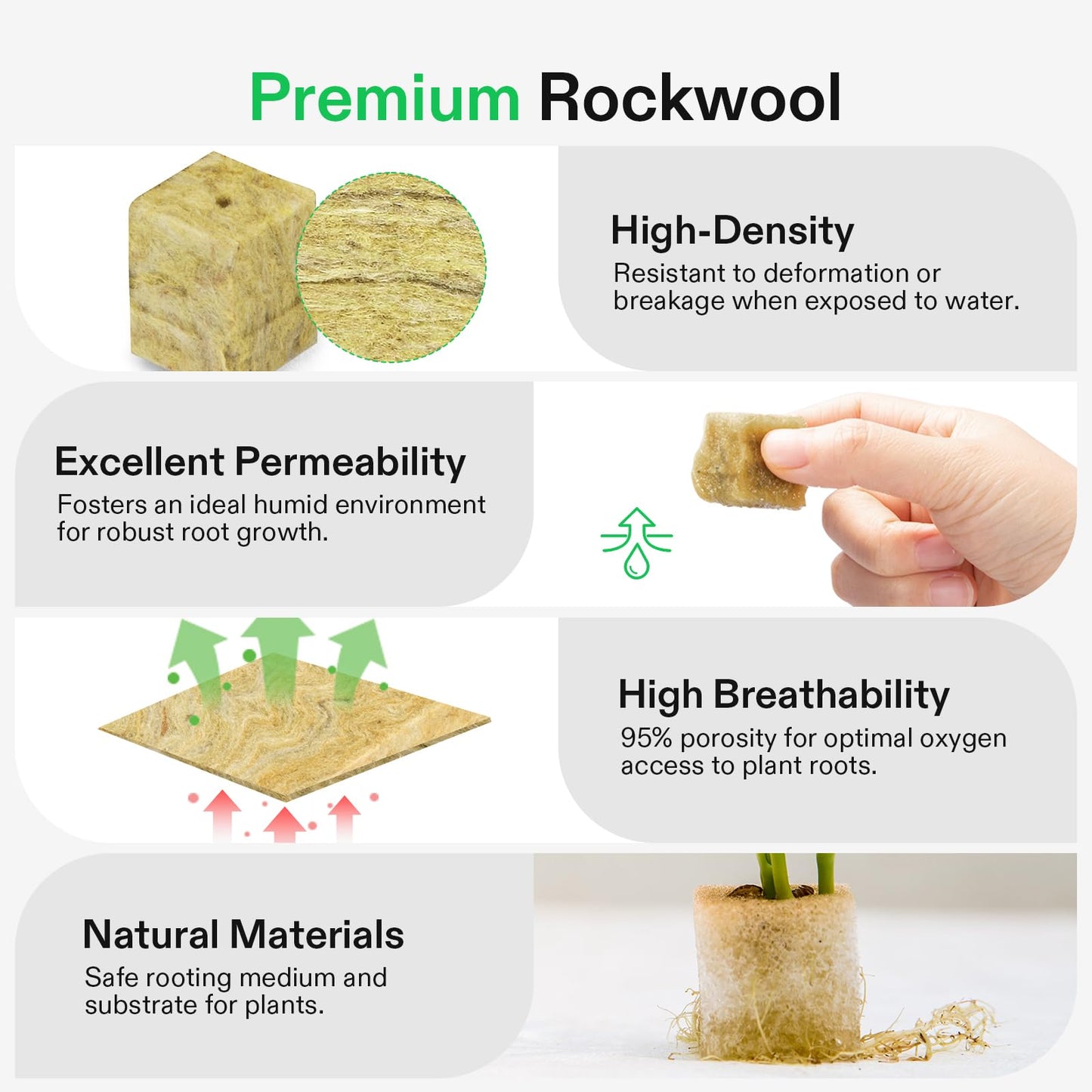 VIVOSUN 72 Rockwool Cubes & Net Pots Set for Hydroponics, 1.2” x 1.2” x 1.6” Cubes, 72 Plugs & 72 2” Net Cups for Hydroponic Growing, Seed-Starting, Cloning, Tower Gardens