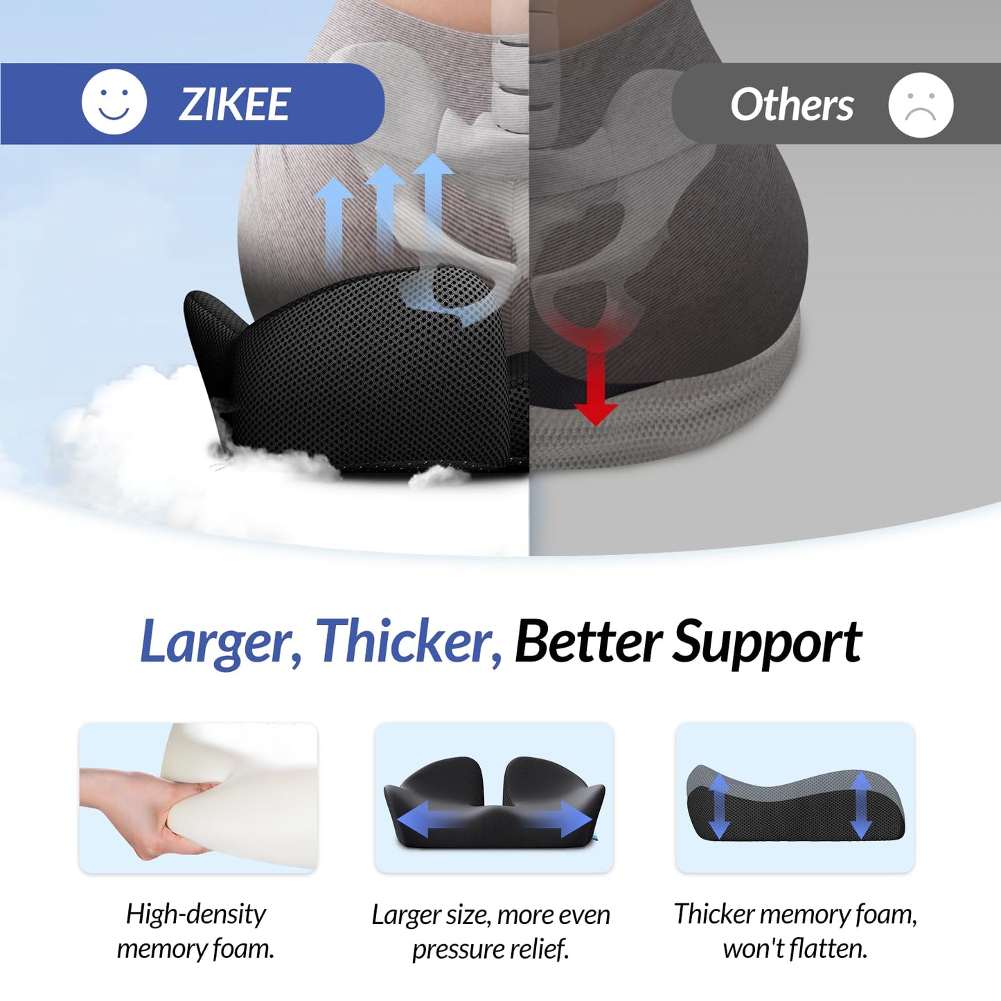 ZIKEE 6" Thickened Donut Pillow Seat Cushion, Ergonomic Hemorrhoid Pillow with Widened Cutout for Tailbone,Sciatica Pain Relief & Postpartum, Memory Foam Office Chair Cushion for Long Sitting at Home