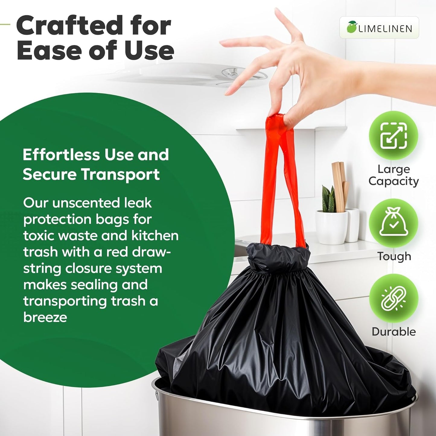 LIMELINEN 30 Gallon Extra Thick Trash Bags - 100 Count Drawstring, Leak & Odor-Resistant for Home & Office