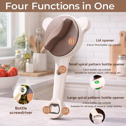Adjustable Stainless Steel Jar Opener by [Brand Name] - 4-in-1 Multi-Function Bottle Opener with Secure Grip | Easy Twist Kitchen Tool (Beige)