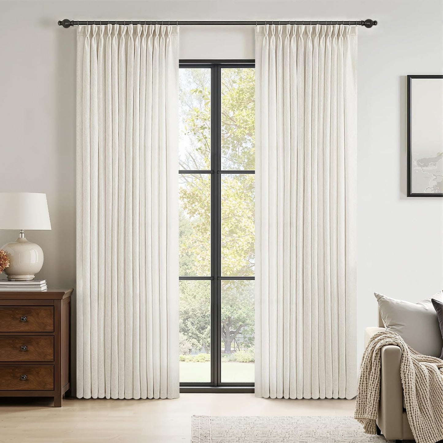 MIULEE 96-Inch Long Pinch Pleated Natural Linen Curtains - Semi-Sheer Drapes for Bedroom & Living Room