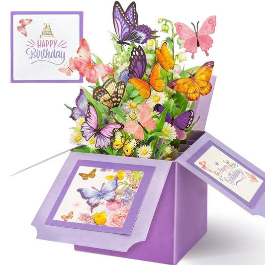 Hierein Birthday Cards for Women, Butterfly Pop Up Card Box, Happy Birthday Gifts Cards for Women, Daughter, Mom, Sister, Friend, Butterflies & Flowers Greeting Card with Blank Notecard & Envelope