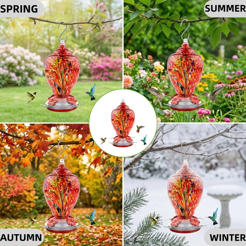 WOSIBO Hummingbird Feeder - Large 32 Ounce Colorful Hand Blown Glass with Ant Moat & Accessories | Red Firework