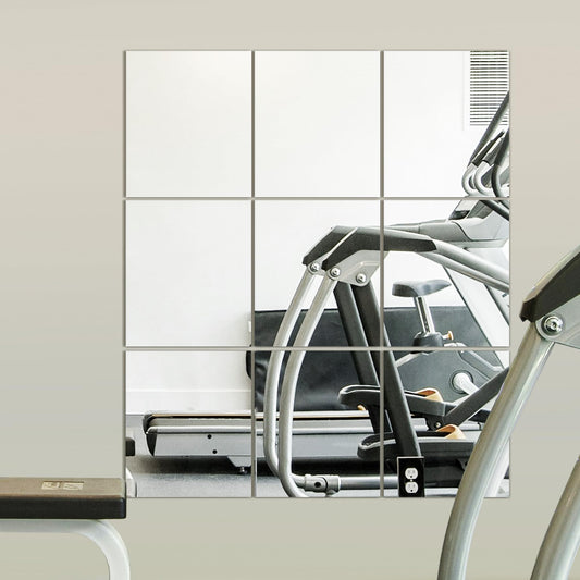 Delma Home Gym Mirror Tiles, Large Workout Mirrors for Home Gym,Square Mirror(Glass,14x12x9PCS), Large Full Body Mirror for Gym, Wall Mirror for Garage, Bedroom, Bathroom (Glass - 14''x12'' - 9PCS)