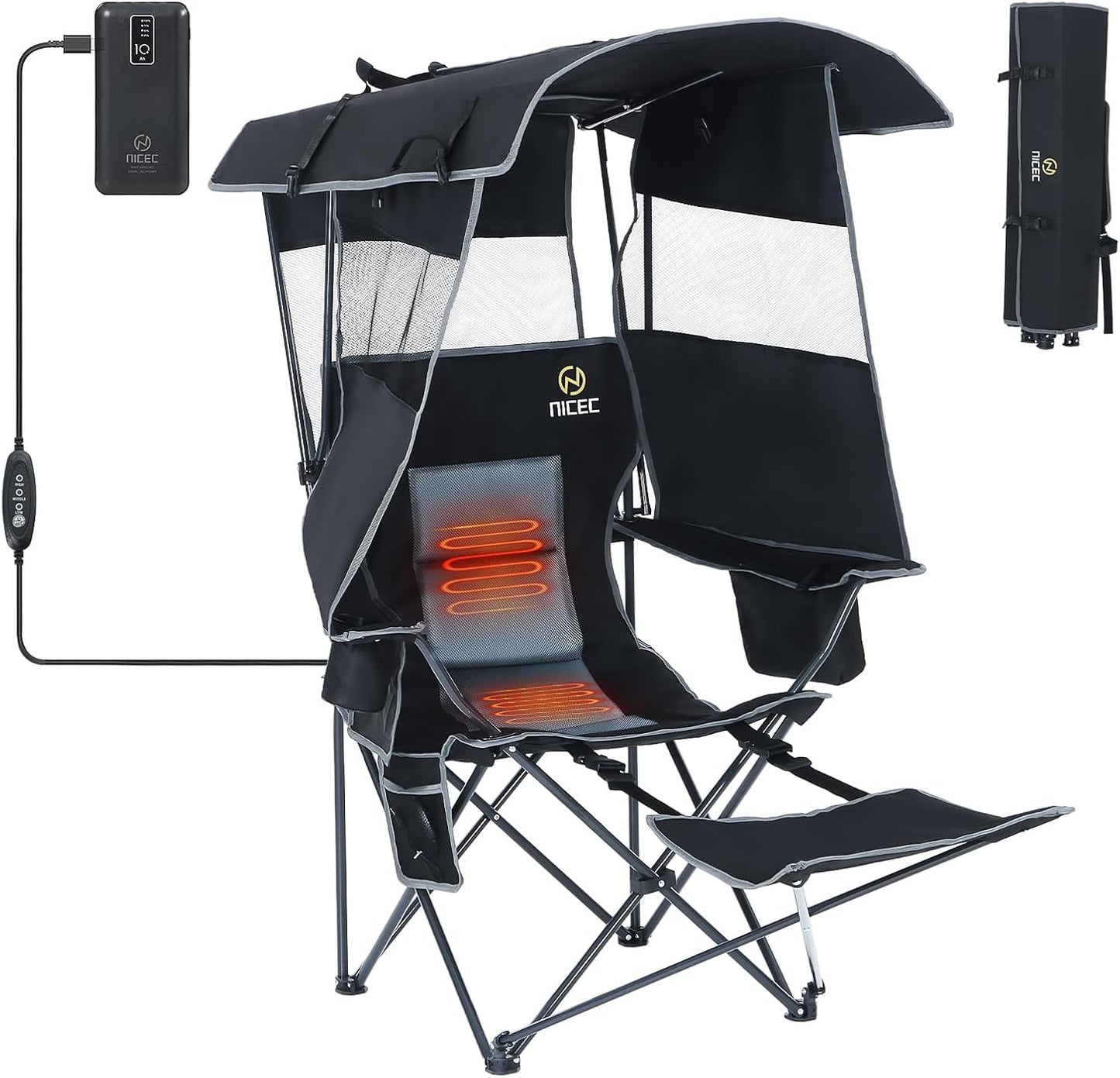 Nice C Heated Camping Chair with Canopy - Outdoor Folding Chair with Removable Footrest
