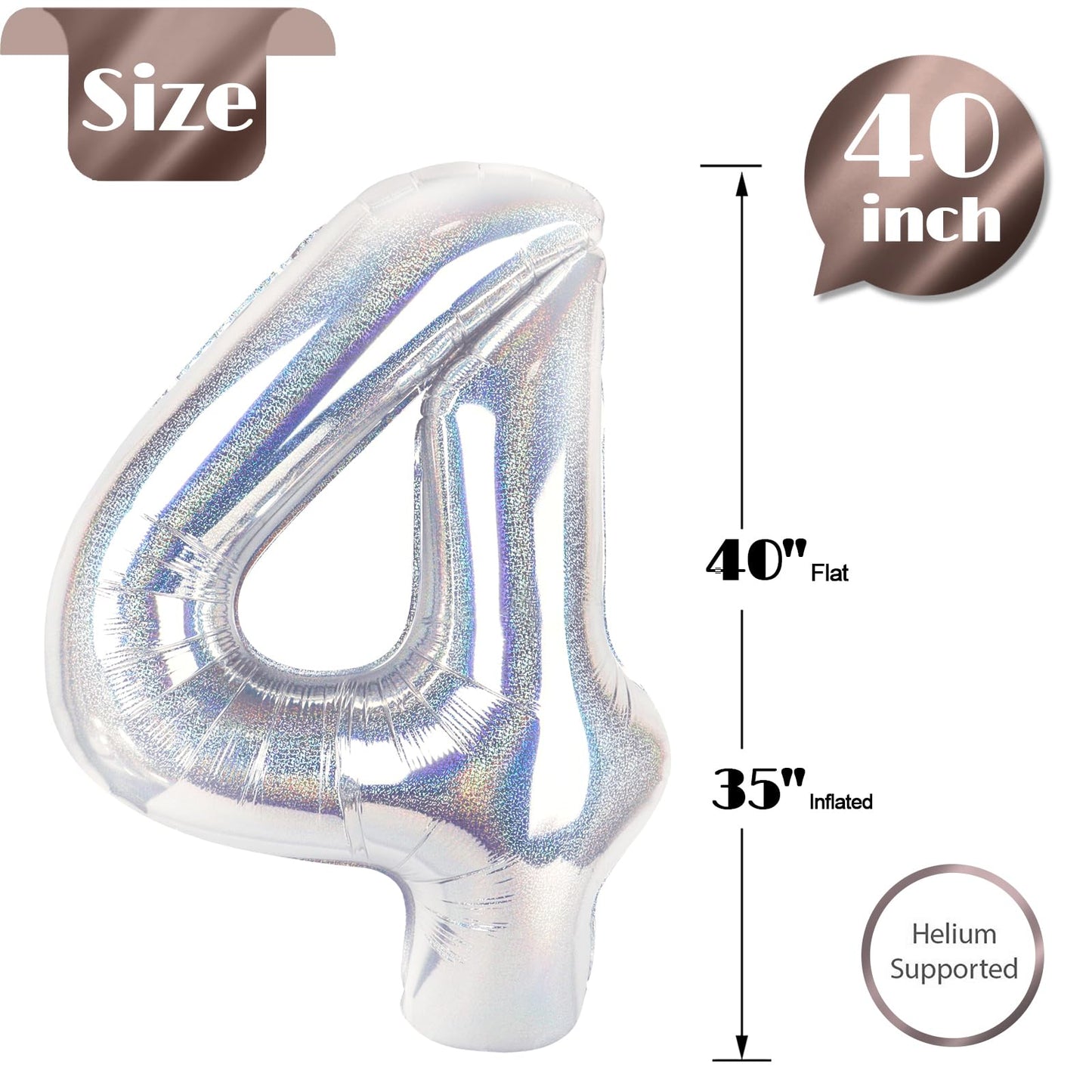 Laser Silver 4 Balloon, Number Balloons 40 Inch, 4th Birthday Decorations for Girls Four Large Numbers for Party Decor, Number 4 Balloon