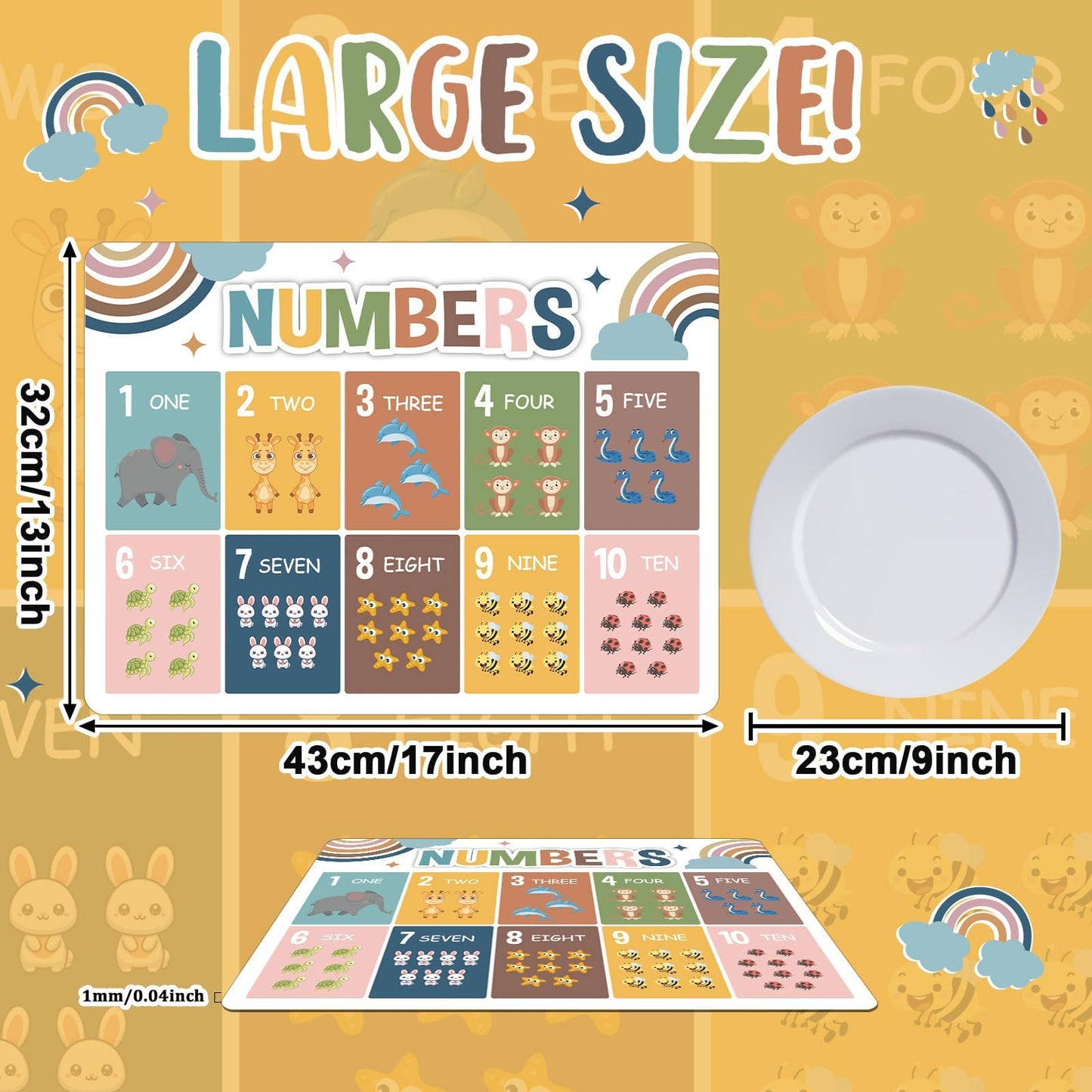 Educational Preschool Kids Placemats Set of 6 Boho Plastic Table Mats Toddler Children Montessori Place Mats for Kids Washable Holiday Desk Decoration for Indoor Outdoor Party Kitchen Dining Table