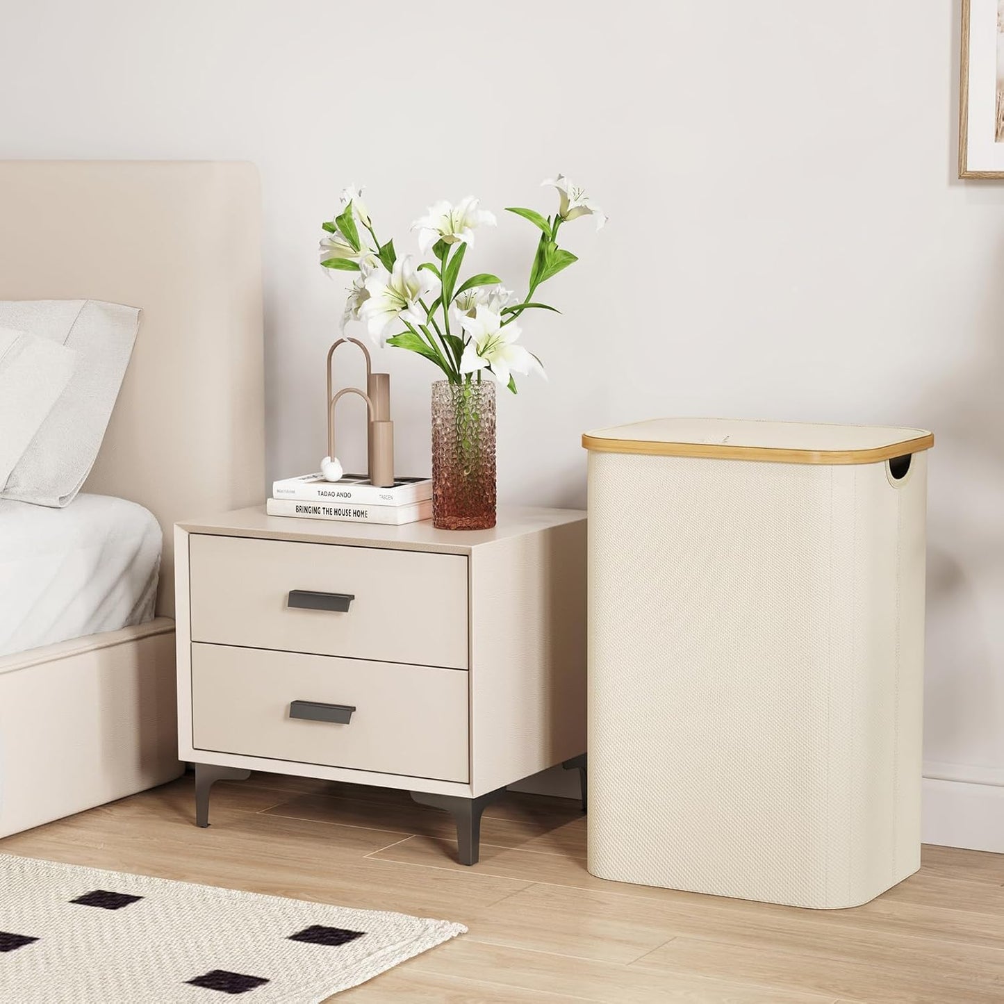 Lifewit 80L Laundry Basket - Foldable Hamper with Lid & Bamboo Handles | Large White Design