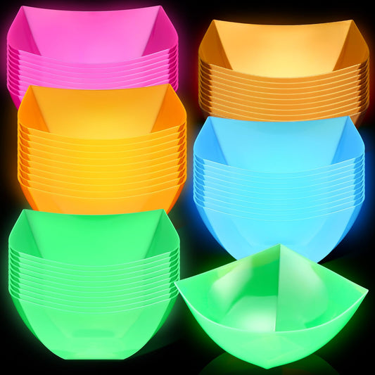 Tanlade 50 Pcs Neon Glowing Bowls 8 oz Black Light Glow Party Decorations Square Plastic Serving Bowls Colored Small Salad Dessert Plates Snack Plates for Buffet Chips Fruit Birthday
