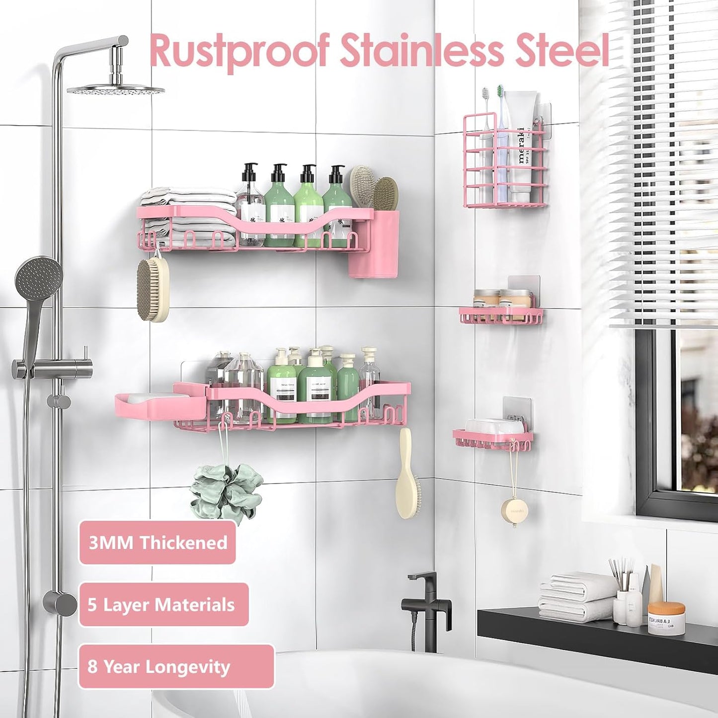 NESOMI Shower Caddy - Rustproof Stainless Steel Organizer with Large Capacity | 7-Pack No-Drill Storage Solutions