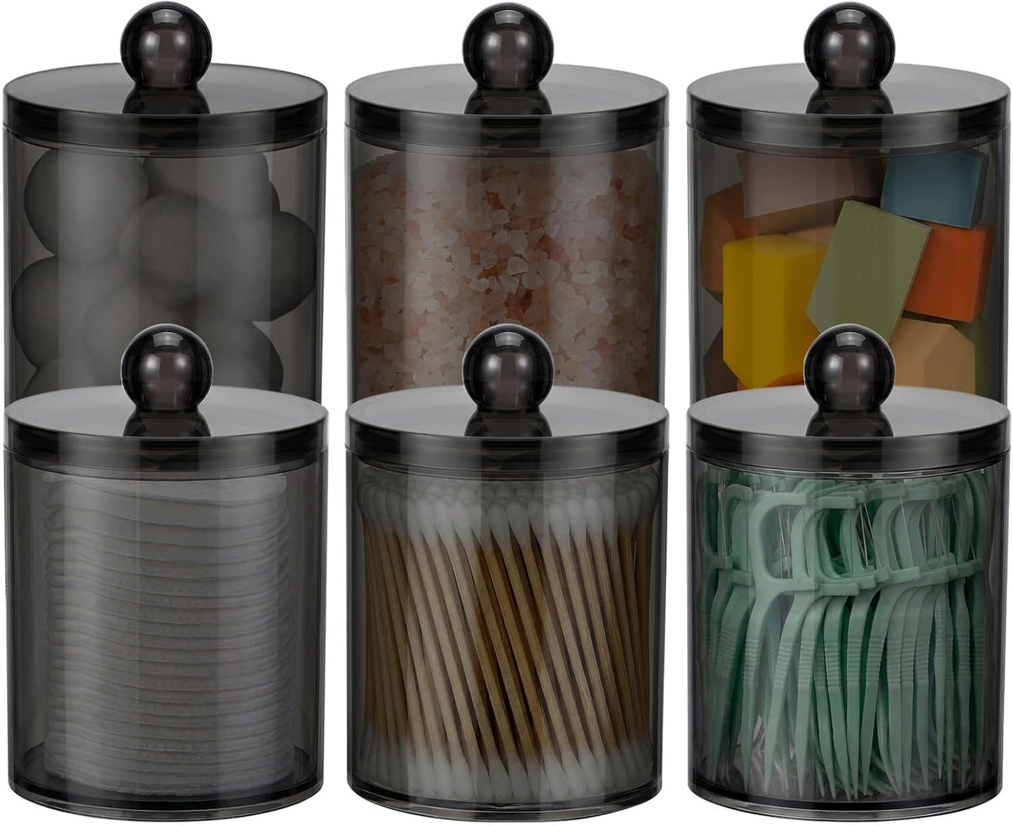 Skiennix Acrylic Qtip Holder Dispenser - 6 Pack Clear Canisters for Cotton Swabs & Makeup Storage