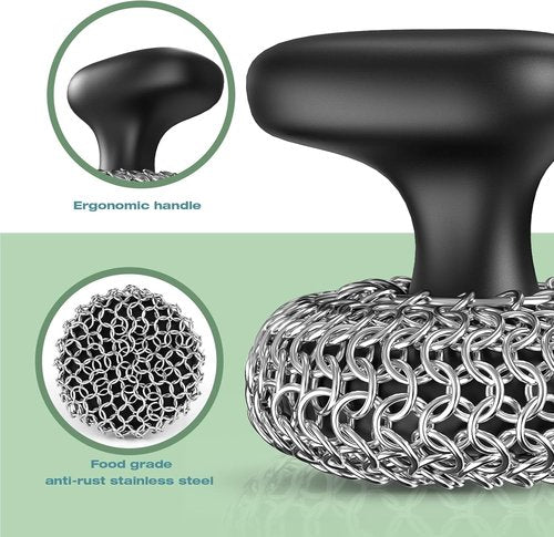 Cast Iron Scrubber - 316 Chainmail Cleaner for Pans | Durable Dish Scrub Brush - Dishwasher Safe, Black