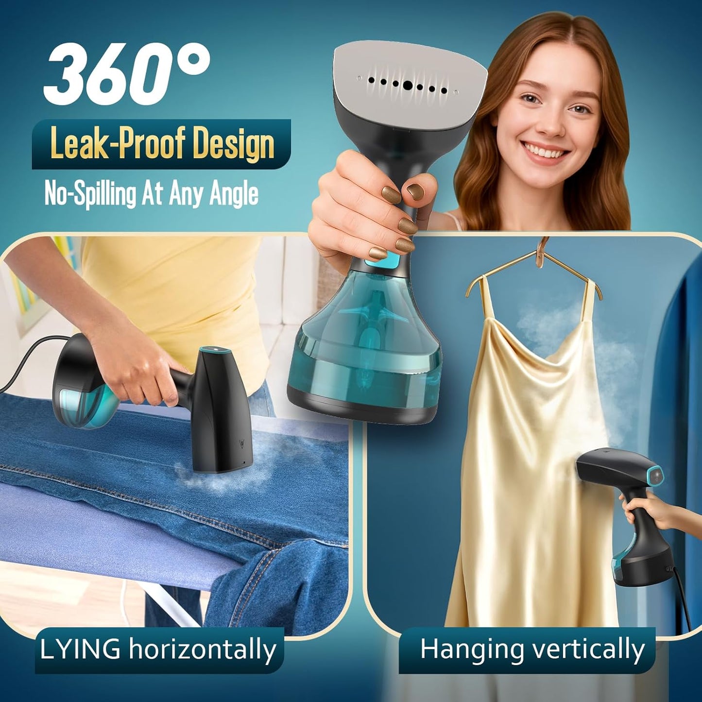Skiennix Handheld Garment Steamer - 1900W Powerful Steam, 3 Settings, 300ml Capacity, Fast Wrinkle Remover