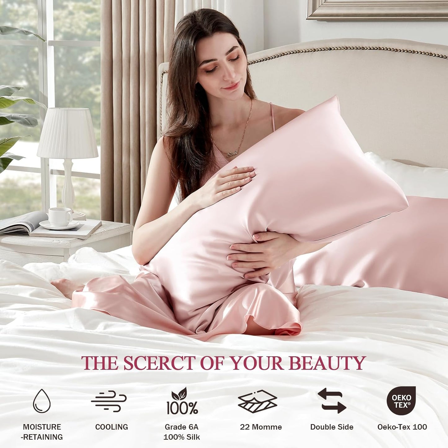 Skiennix 100% Silk Pillowcase - Mulberry Silk for Hair & Skin | 22 Momme, Cooling, Soft, Pink, 20 x 26 Inches