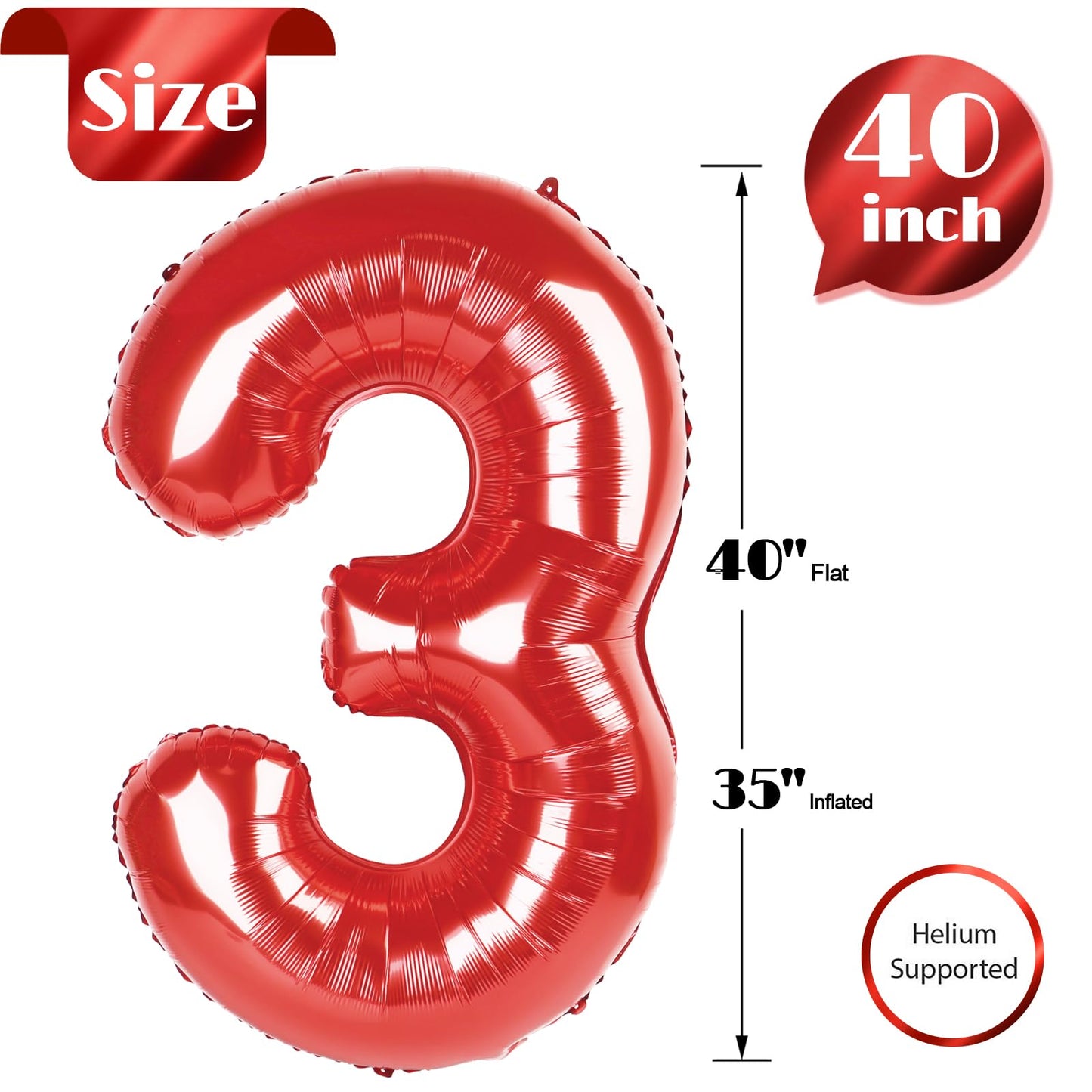 Red 3 Balloon, Number Balloon 40 Inch, 3rd Three Year Old Birthday Deco for Red Party Decorations, Number 3 Balloon