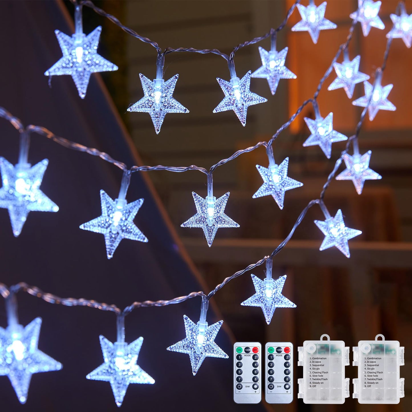 Brightown Star String Lights Battery Operated - 17 ft 50 LED Star Fairy String Lights with Remote and Timer, 8 Modes Waterproof for Bedroom Tent Loft Bed Patio Party Wedding Decor, White