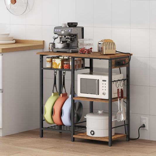 MAHANCRIS Bakers Rack with Power Outlet, Microwave Stand with Adjustable Mesh Rack, Coffee Bar Station, Kitchen Storage Racks with 6 S Hooks, for Kitchen, Dining Room, Rustic Brown and Black BRHR80E01
