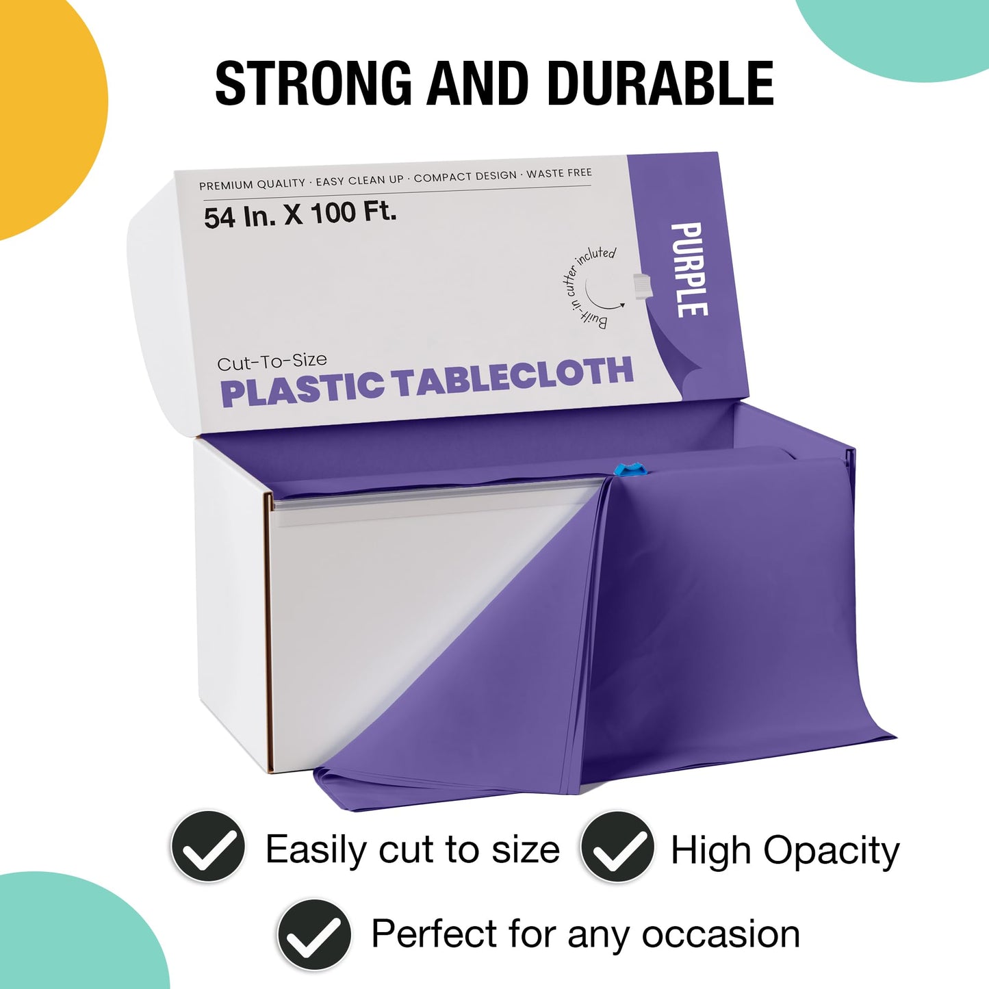 Party Solids 54 Inch X 100 Feet Purple Plastic Table Cover Roll in A Cut - to - Size Box with Convenient Slide Cutter. Cuts Up to 12 Rectangle 8 Feet Plastic Disposable Tablecloths