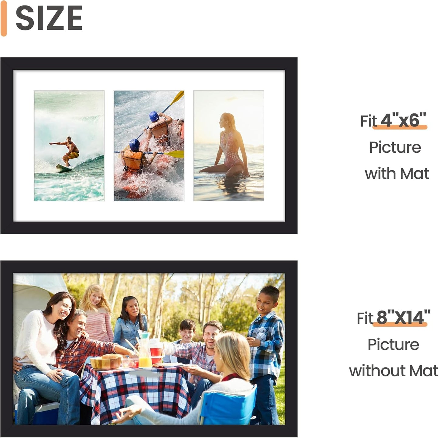 Upsimples 8x14 Collage Picture Frame - Display 3 Photos (4x6) with Mat or 8x14 Without Mat, Black