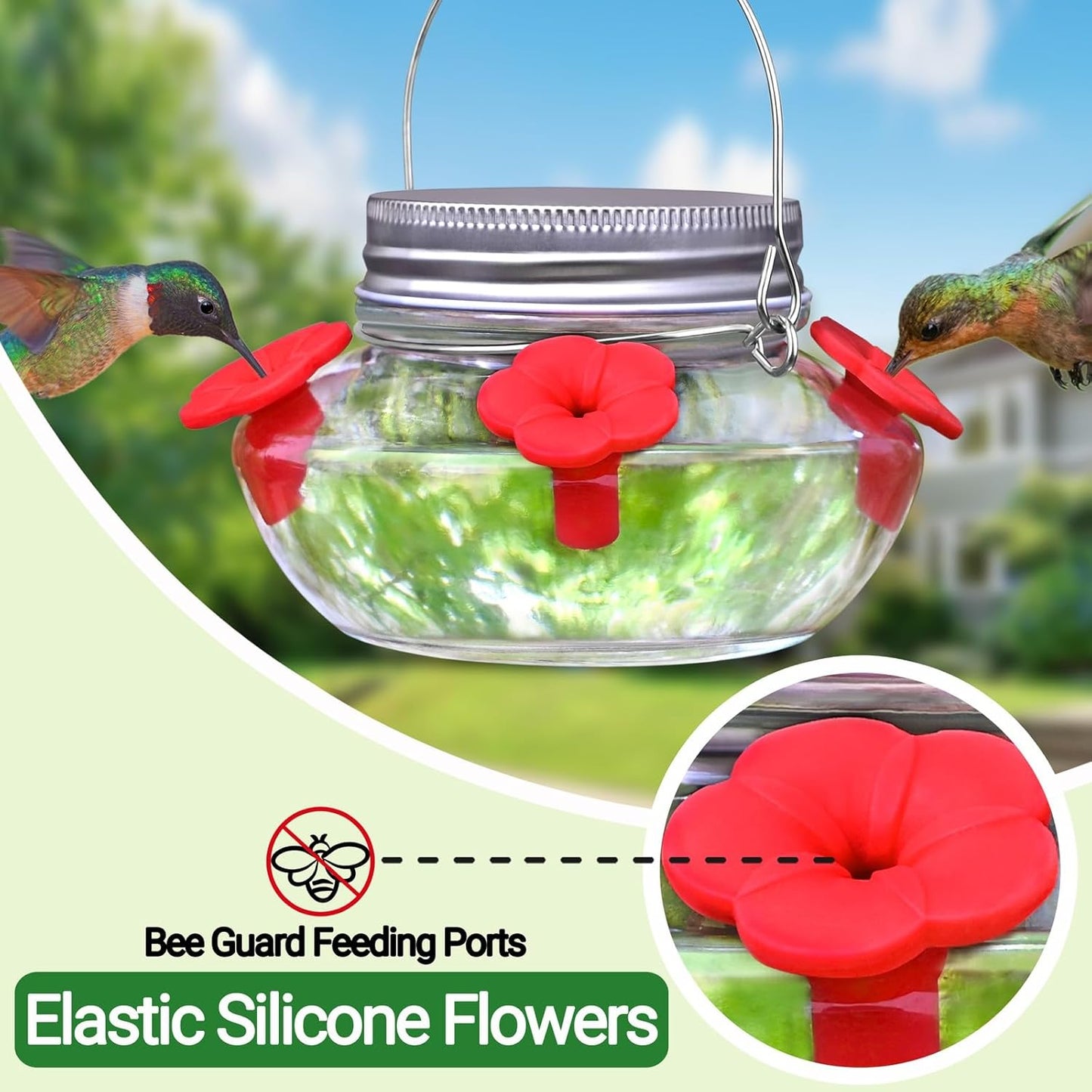 Skiennix Glass Hummingbird Feeder - Cute Mason Jar Design with 4 Silicone Flower Ports | Easy to Clean & Refill
