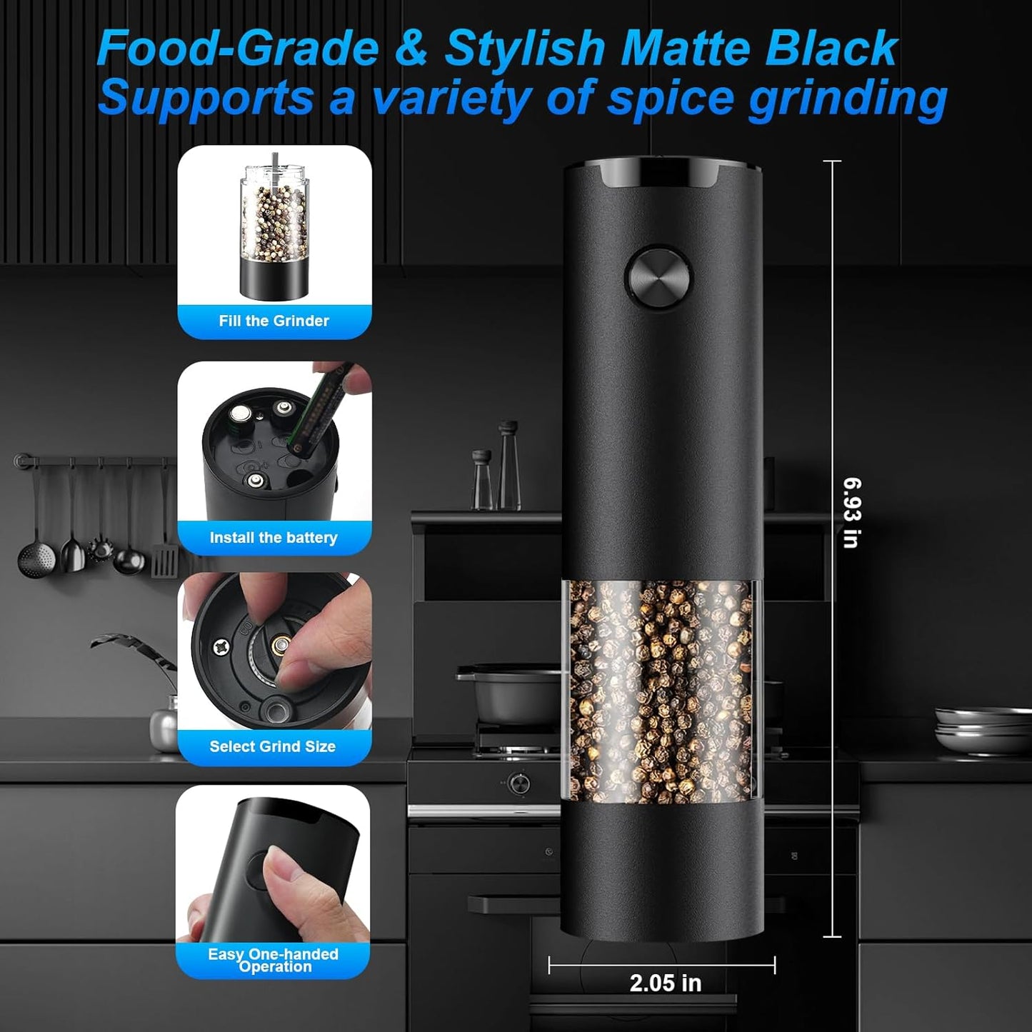 Skiennix Electric Pepper & Salt Grinder - Adjustable Coarseness, LED Light, One-Handed Operation | Black