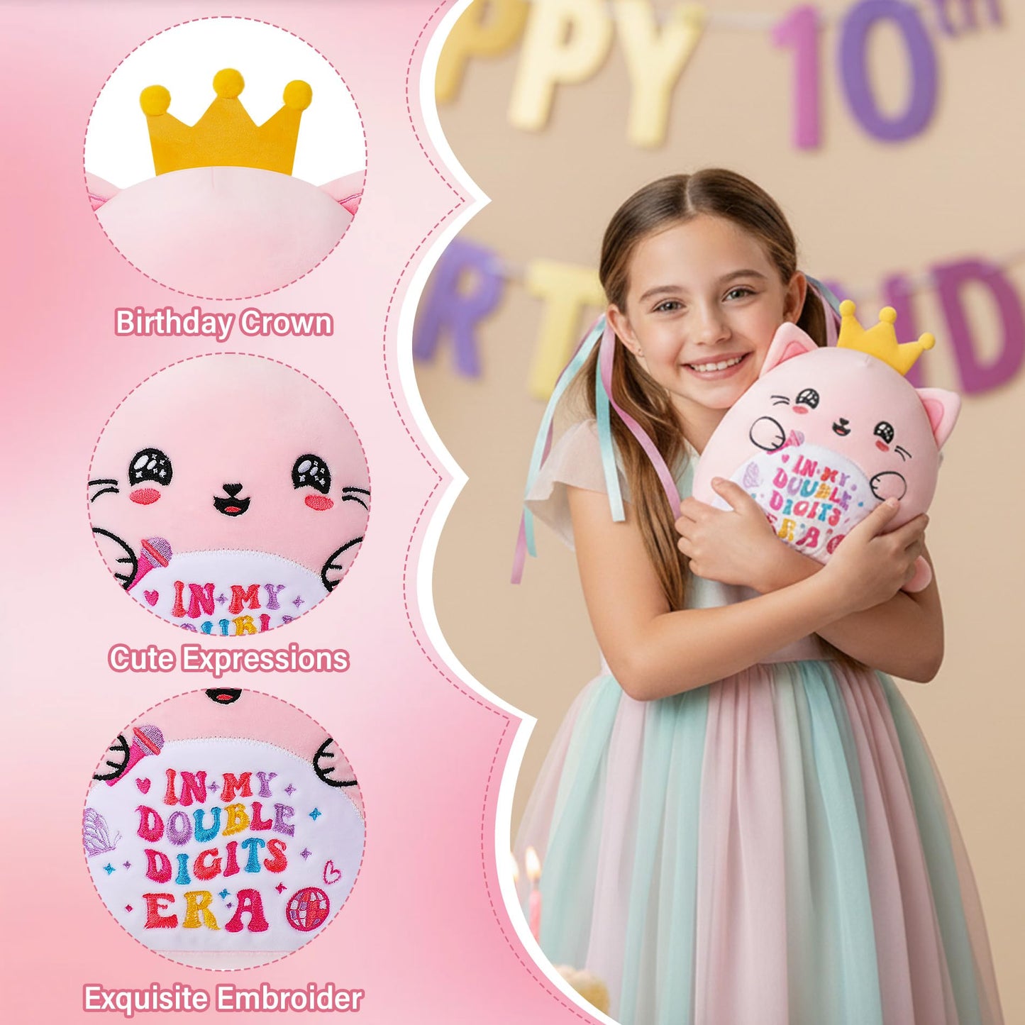 NIUBEHOHO 10th Birthday Gifts Cat Plush – Pink Cat Stuffed Animal with Crown for Girl Birthday Party Decoration 10 Years Old Girls in My Double Digits Era Themed 10 Inch