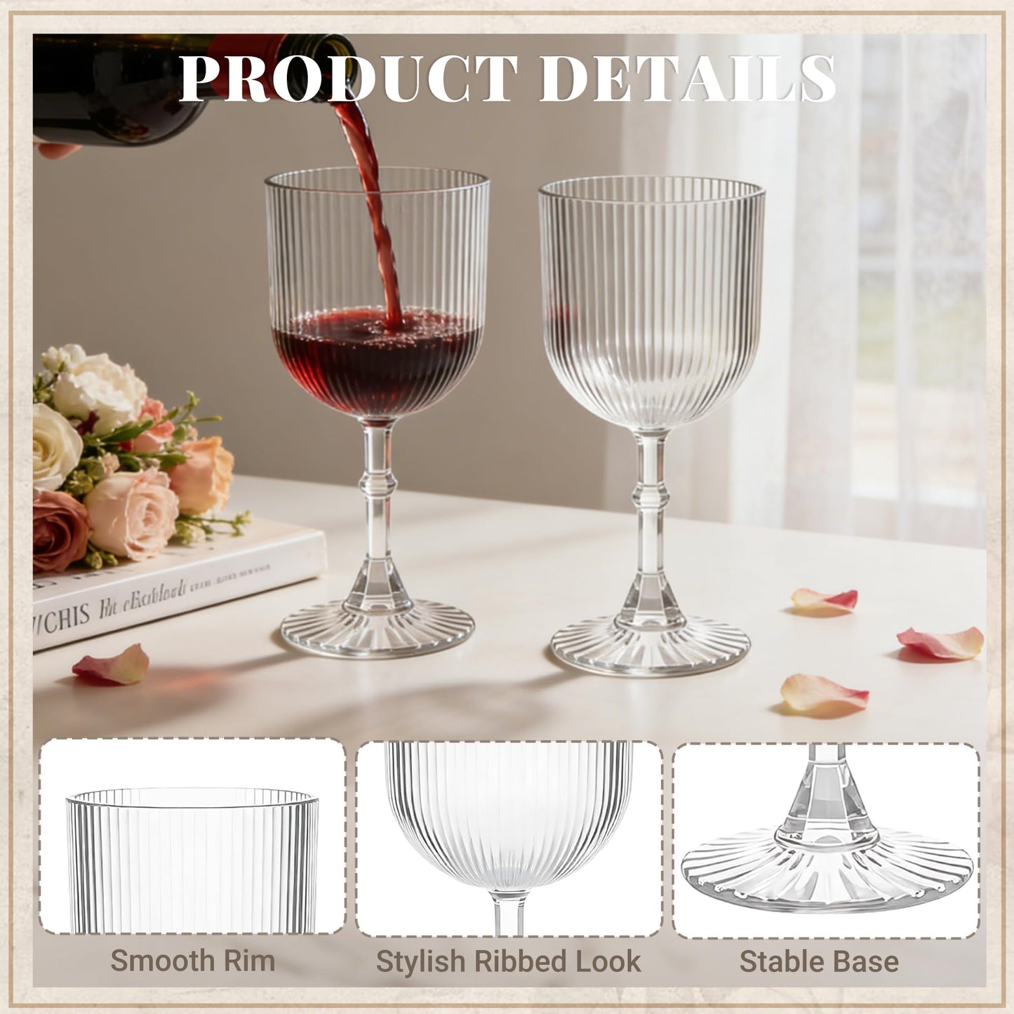 LEYIQU Plastic Goblets, 9oz Ribbed Acrylic Wine Glasses, Vintage Drinking Glasses with Stem, Unbreakable Reusable Disposable Water Goblets Bulk for Parties Weddings Dinner Easter (Clear, 12pcs)