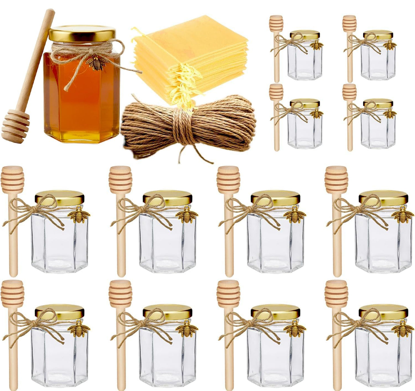 Adabocute 4oz Hexagonal Honey Jars - Glass Honey Jars with Gold Lids, Wooden Dippers, Bee Charms and Jutes - Hexagon Jars for Baby Shower, Wedding and Party Favors, 12 Pack