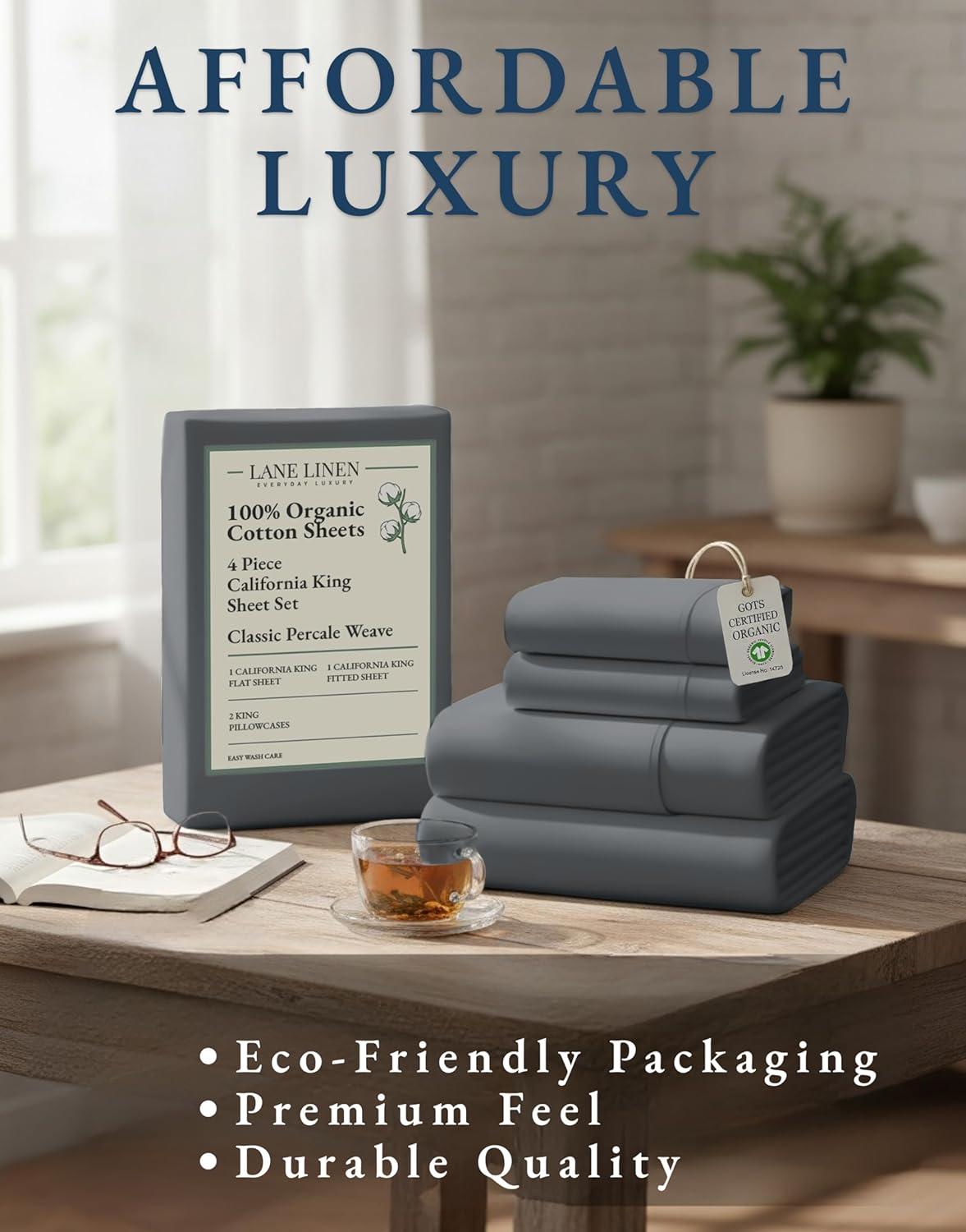 LANE LINEN 100% Organic Cotton California King Sheet Set - Fully Elasticized & Machine Washable | Charcoal Color