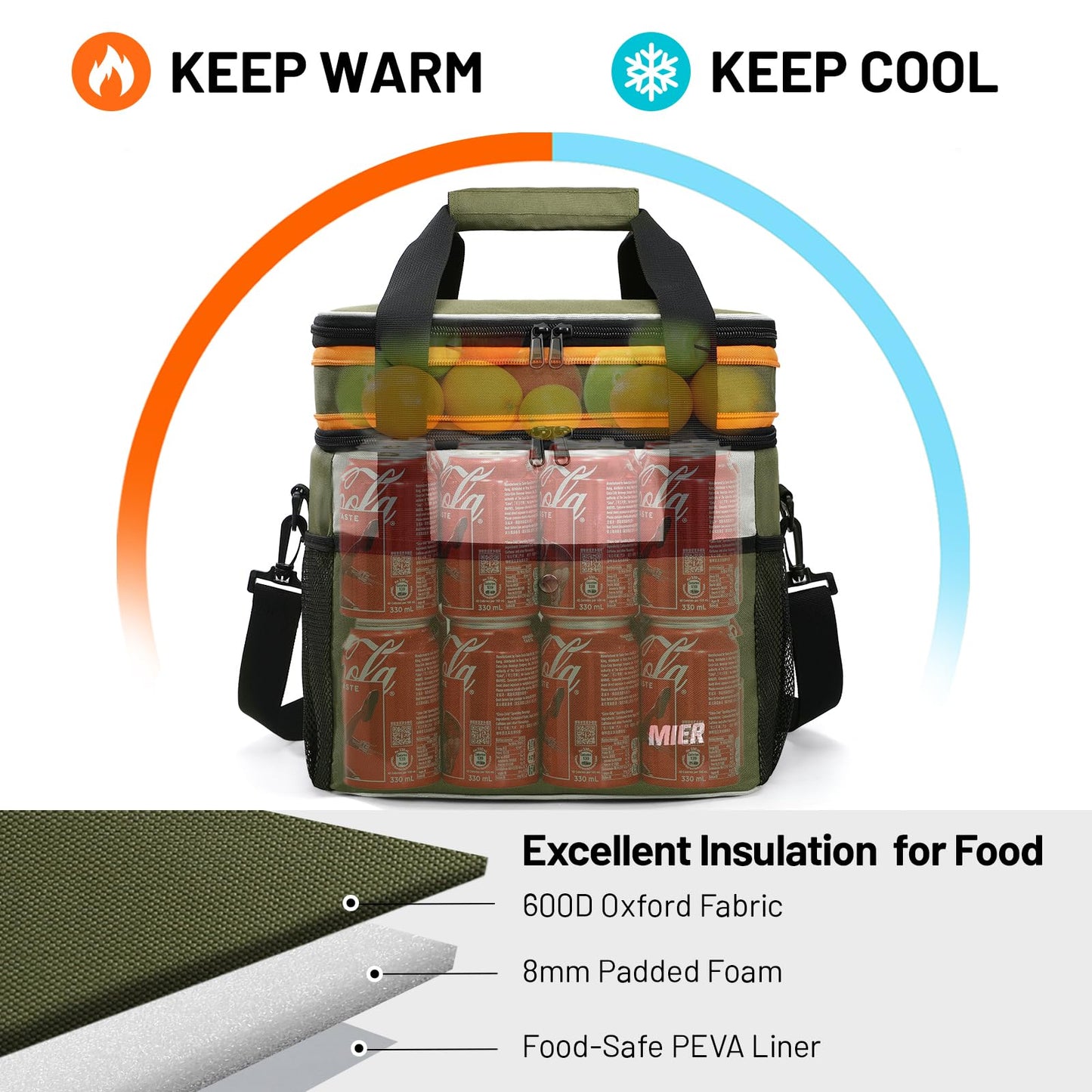 MIER Expandable 24L Lunch Bag Double Layer Insulated Cooler Tote Soft Cooler Bags 30Can Mens Adults Lagre Leakproof Lunch Boxes for Work, Picnic, Camping, Travel, Army Green