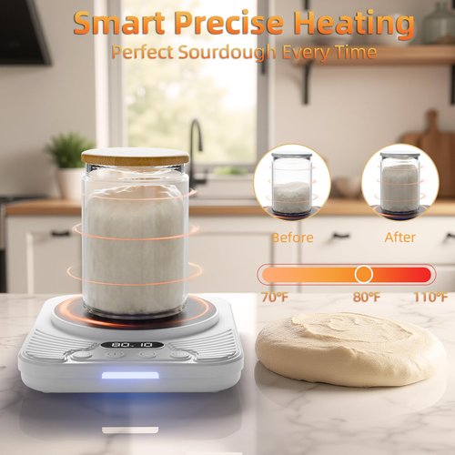Banyaa Sourdough Starter Warmer with Temp Strips - Precise Thermostat (70-110°F), Intelligent Memory & 24H Timer, Bread Baking Supplies Tools (White)