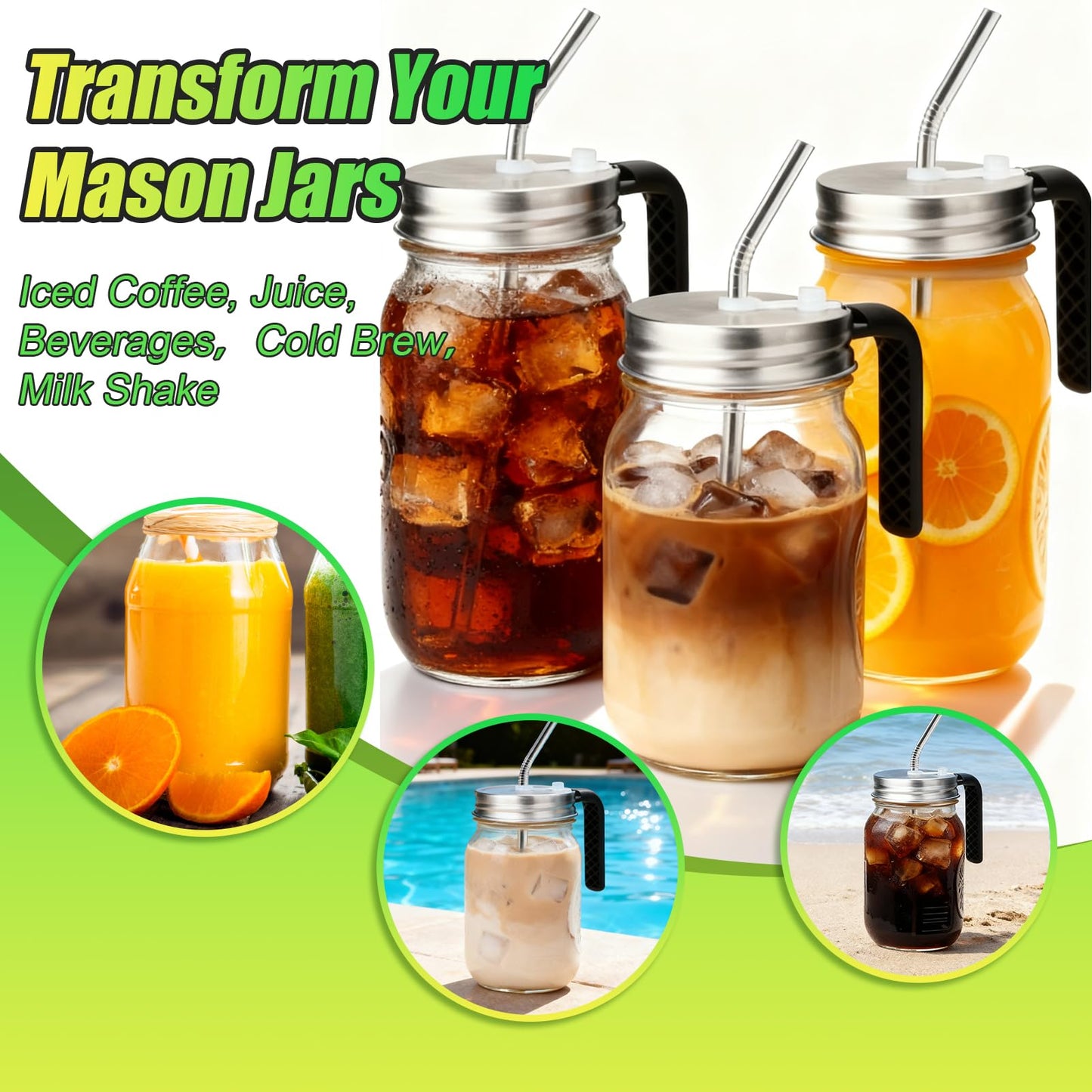 Palksky Mason Jar Lids with Straw Hole & Handle for Regular Mouth Jars, Leak-Resistant Drinking Lids with Extra Silicone Rings, Mason Jar Straw Lids for Iced Coffee, Lemonade, Juice (1 Pack)