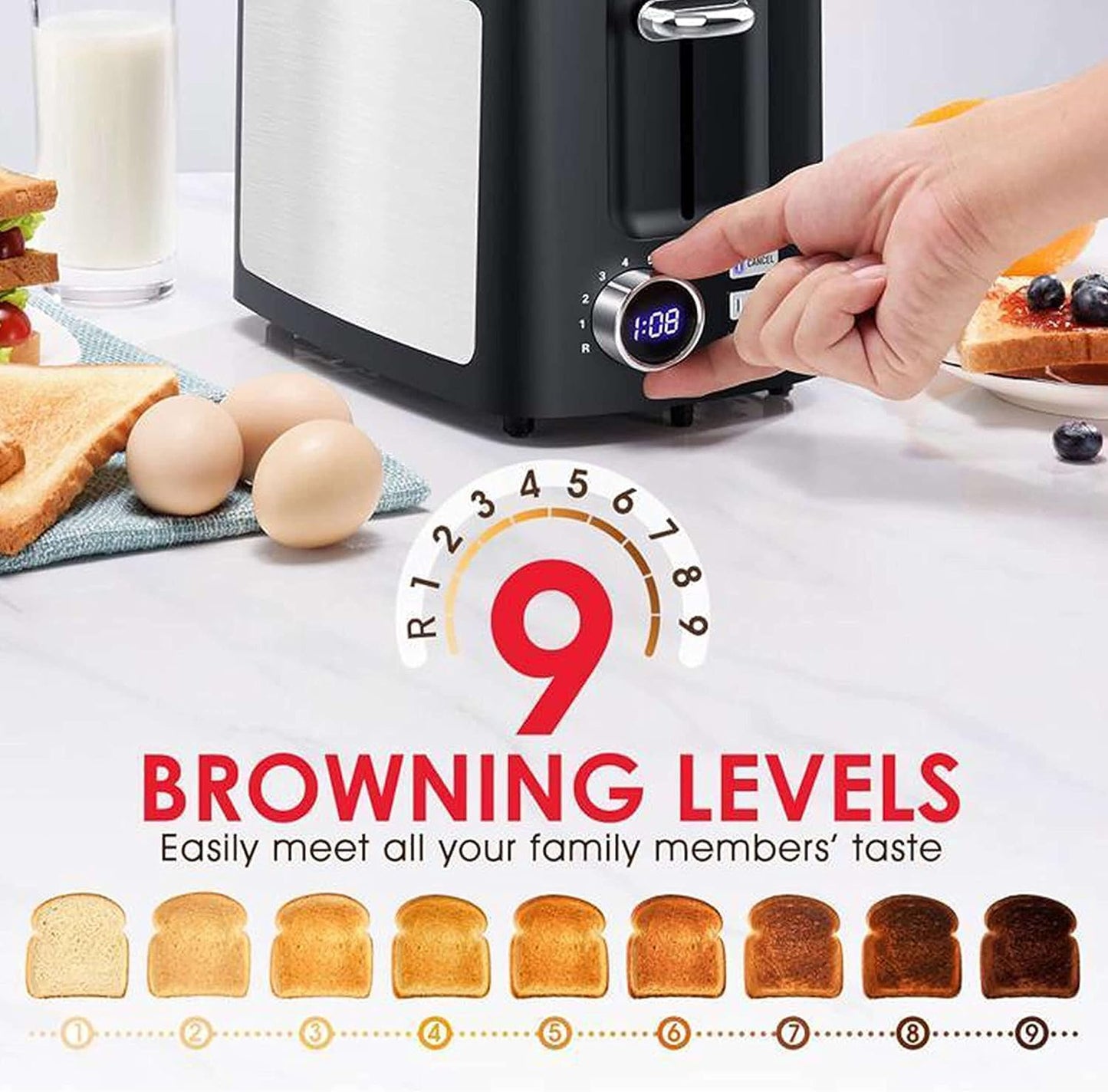 Skiennix 2-Slice Wide Slot Toaster - Smart LCD Countdown Timer with Bagel & Defrost Functions